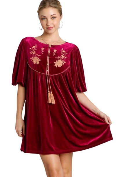 Umgee Embroidered Half Sleeve Velvet Mini Dress with Tassel