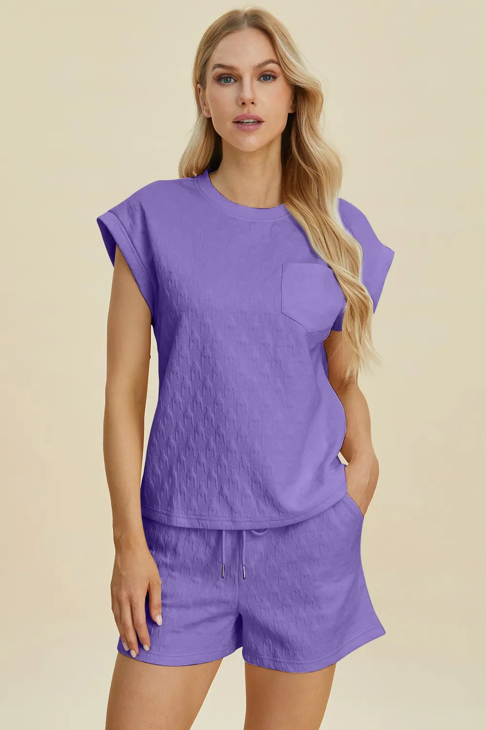 Lavender textured top and shorts set, top pocket and drawstring waist shorts