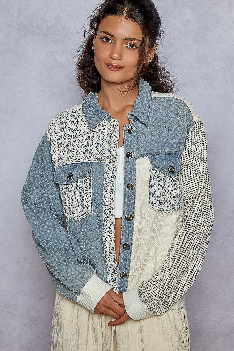 POL Button Up Jacket with Lace Details – Chest Pocket Boho Outerwear for Women