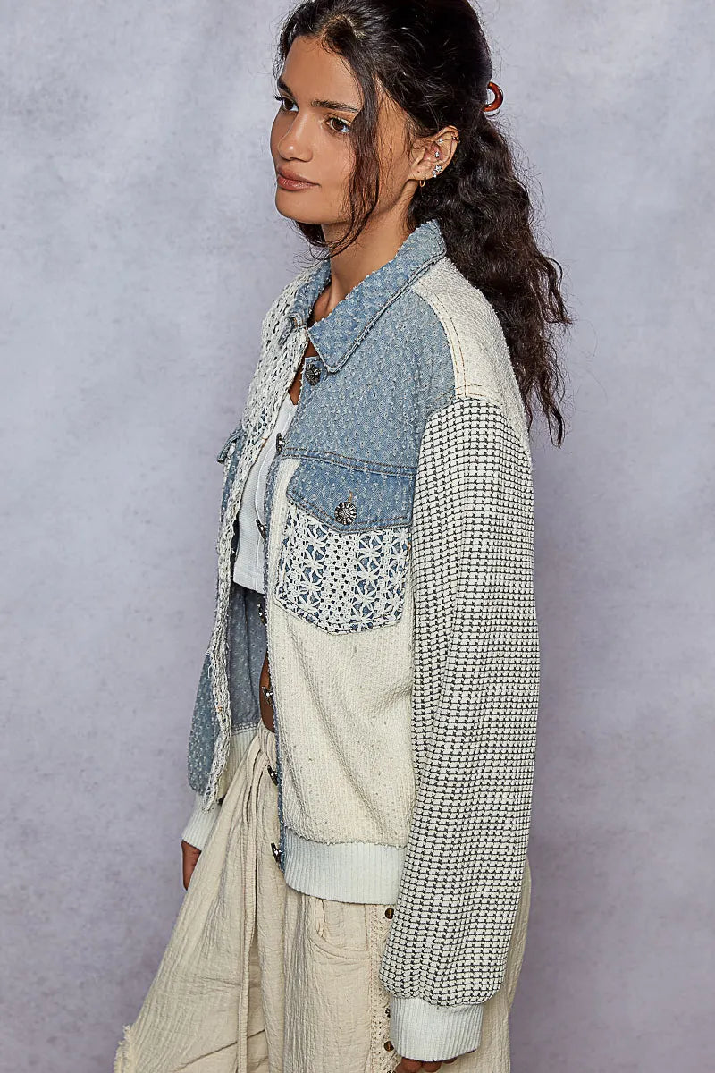 POL Button Up Jacket with Lace Details – Chest Pocket Boho Outerwear for Women
