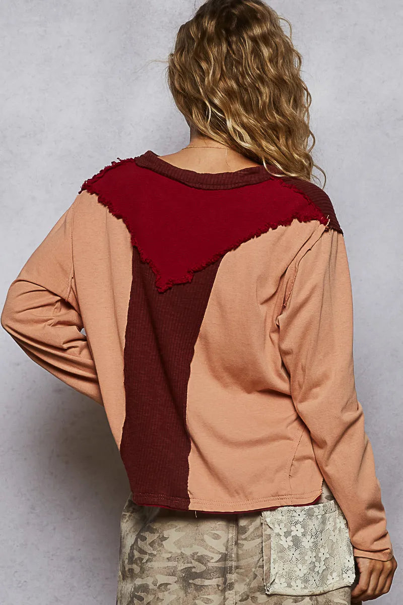 POL Color Block Notched Long Sleeve T-Shirt
