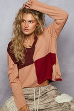 POL Color Block Notched Long Sleeve T-Shirt