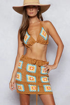 POL Crochet Halter Neck Cami and Skirt Sweater Set