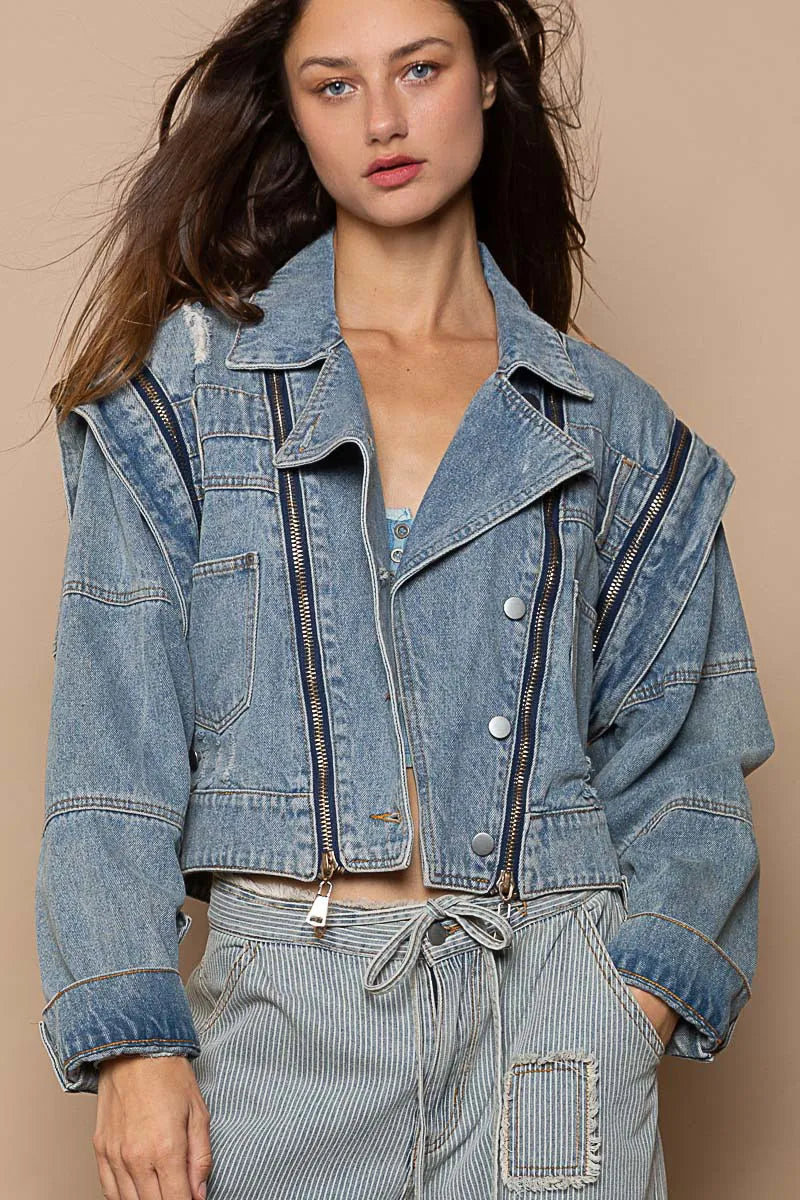 POL Cropped Denim Jacket with Zipper Detail – Edgy & Versatile