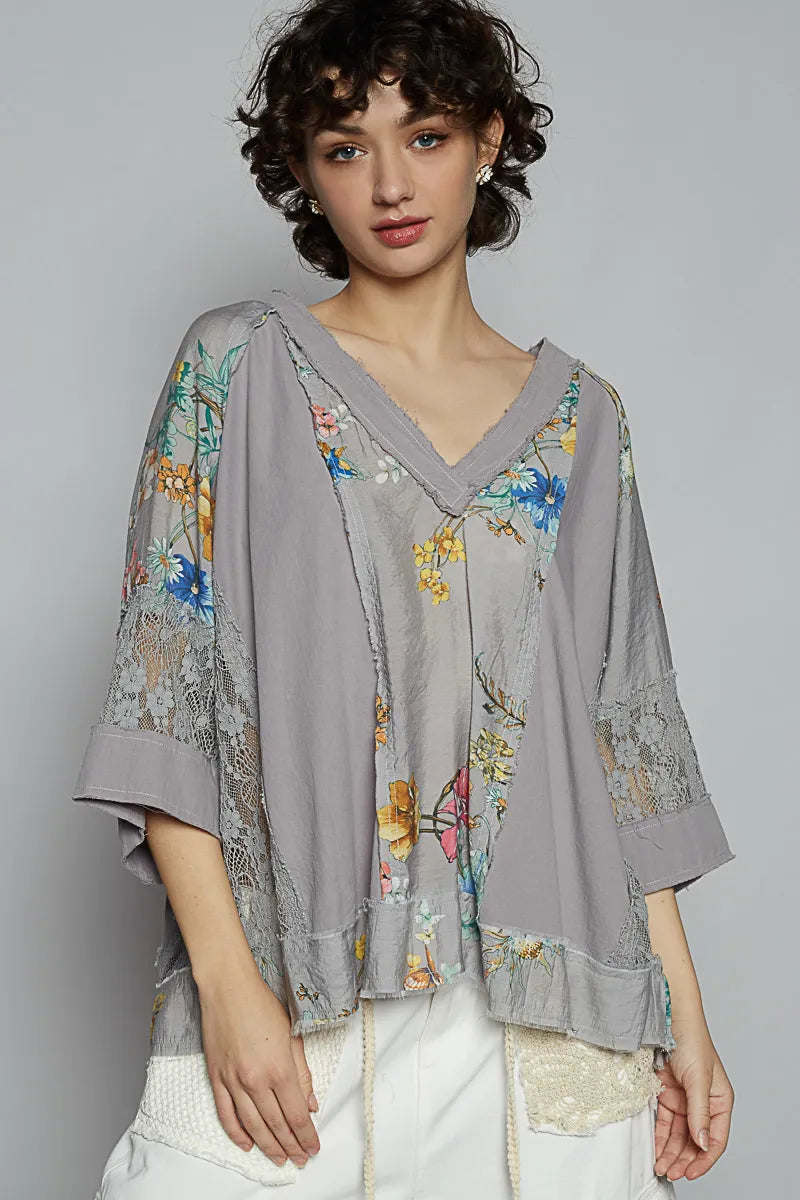 POL Floral V-Neck Raw Edge T-Shirt with Lace Detail