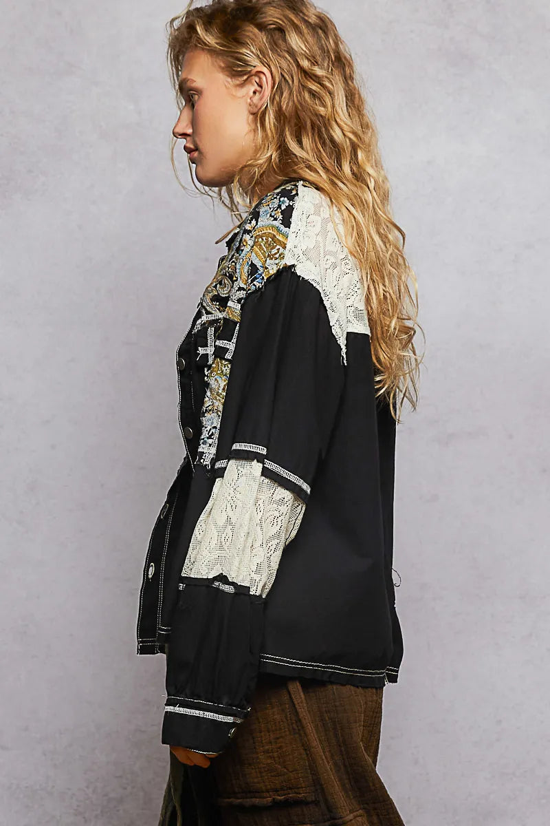 POL Printed Woven Raw Hem Jacket – Lace Detail Boho Layering Piece for Women