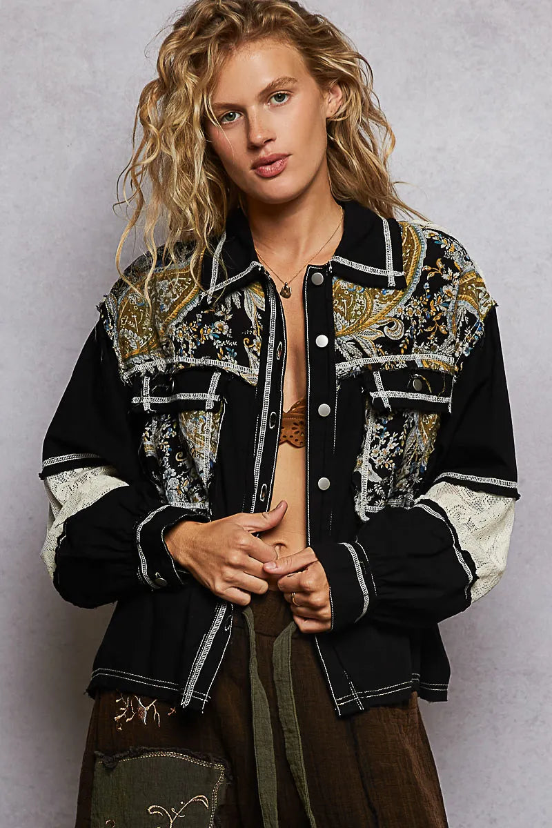 POL Printed Woven Raw Hem Jacket – Lace Detail Boho Layering Piece for Women