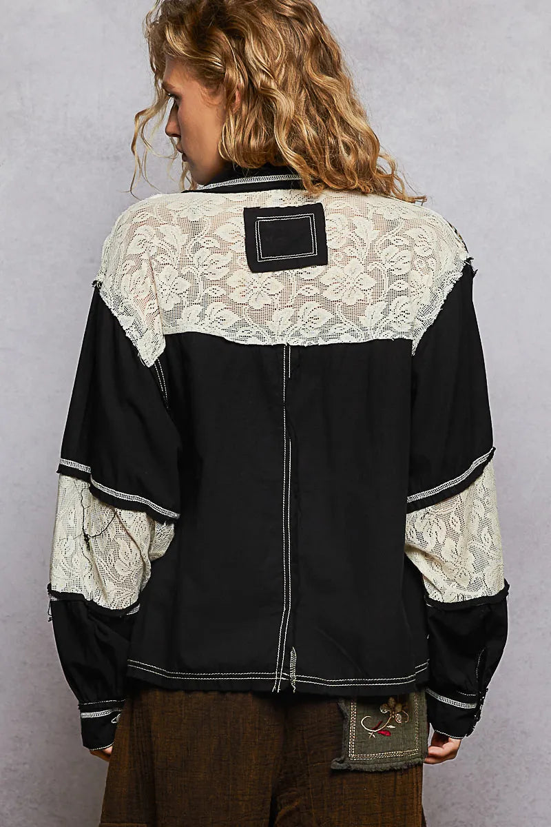 POL Printed Woven Raw Hem Jacket – Lace Detail Boho Layering Piece for Women