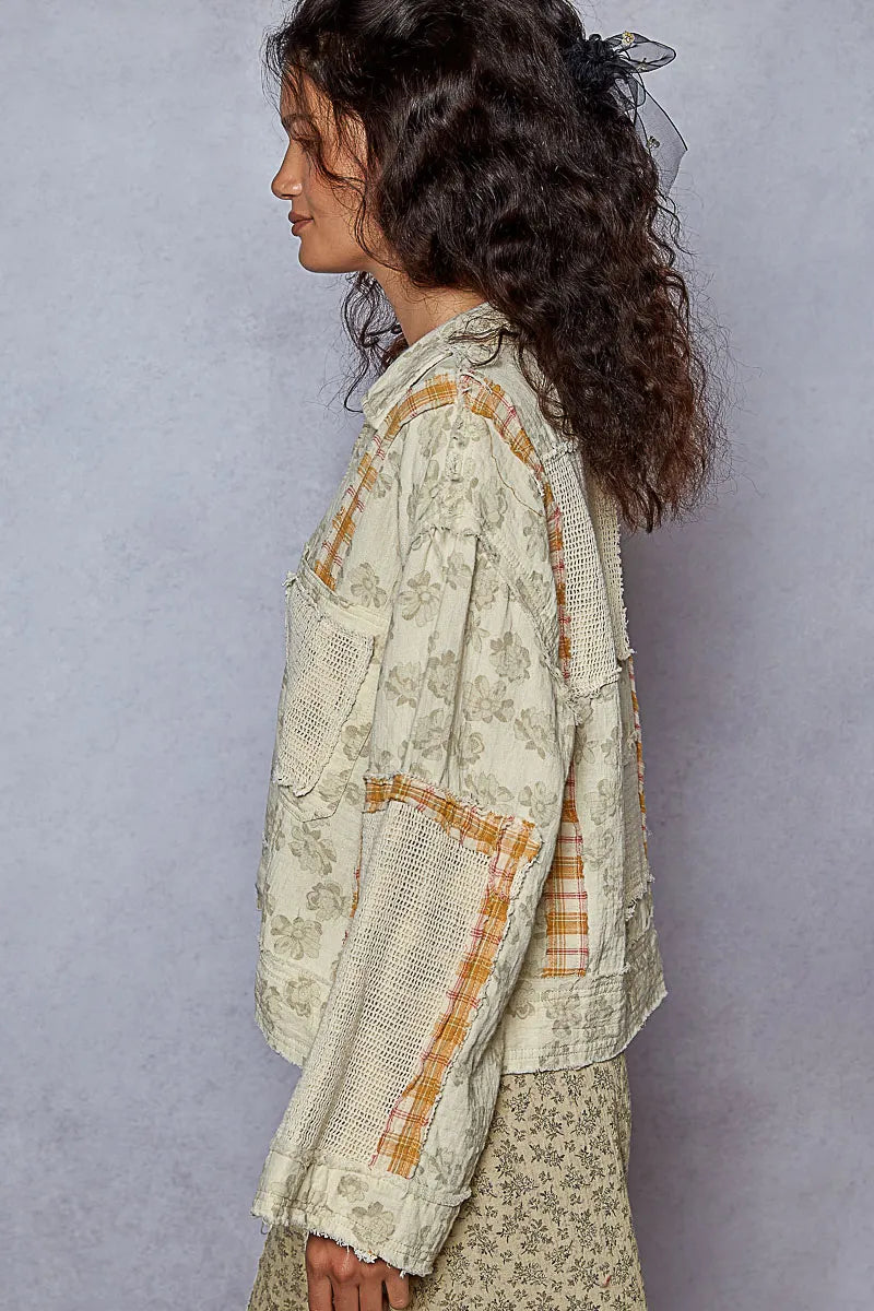POL Women's Raw Hem Zip-Up Jacket with Floral, Plaid & Crochet Patches