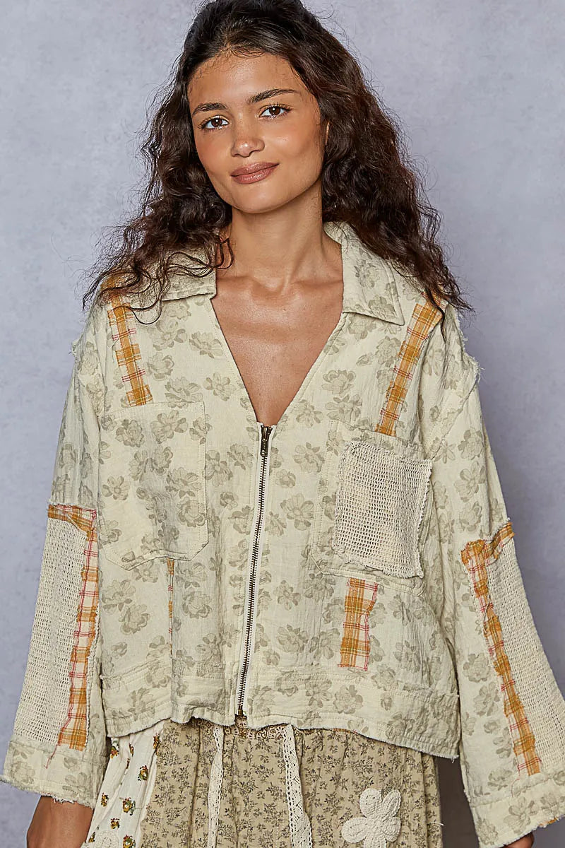 POL Women's Raw Hem Zip-Up Jacket with Floral, Plaid & Crochet Patches
