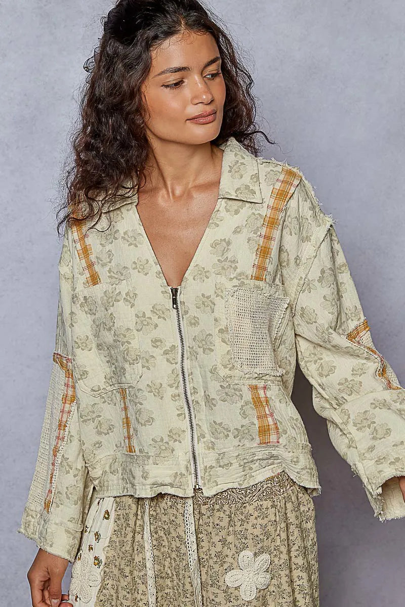 POL Women's Raw Hem Zip-Up Jacket with Floral, Plaid & Crochet Patches