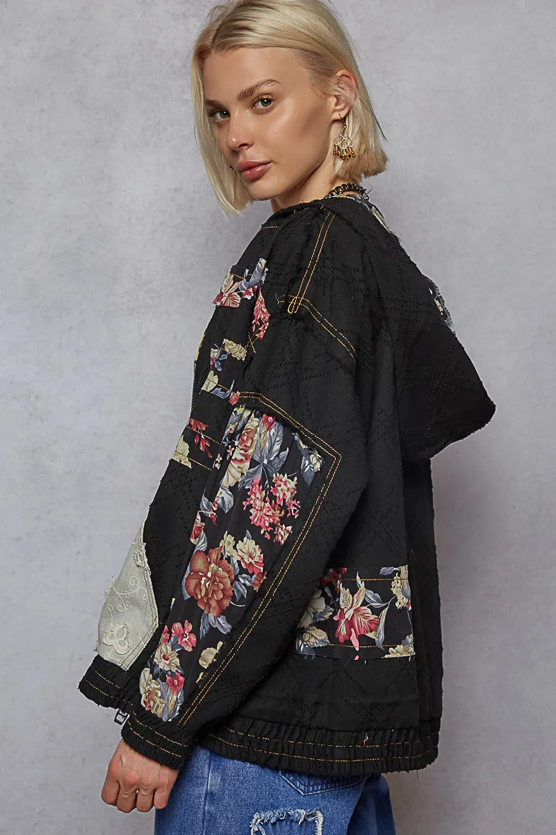 POL Women's Washed Jacket with Zip Up, Floral & Lace Patch Details