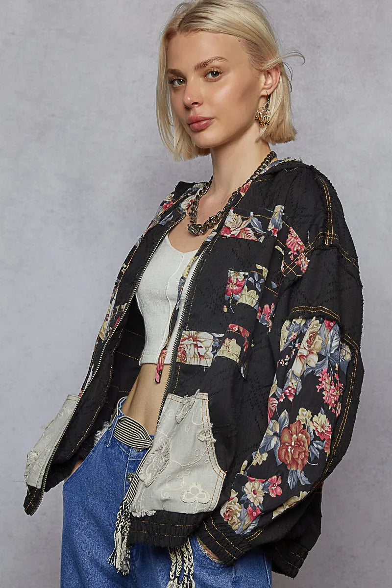 POL Women's Washed Jacket with Zip Up, Floral & Lace Patch Details
