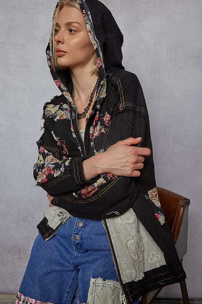 POL Women's Washed Jacket with Zip Up, Floral & Lace Patch Details