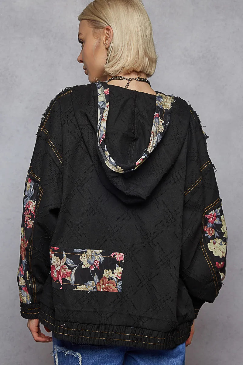 POL Women's Washed Jacket with Zip Up, Floral & Lace Patch Details