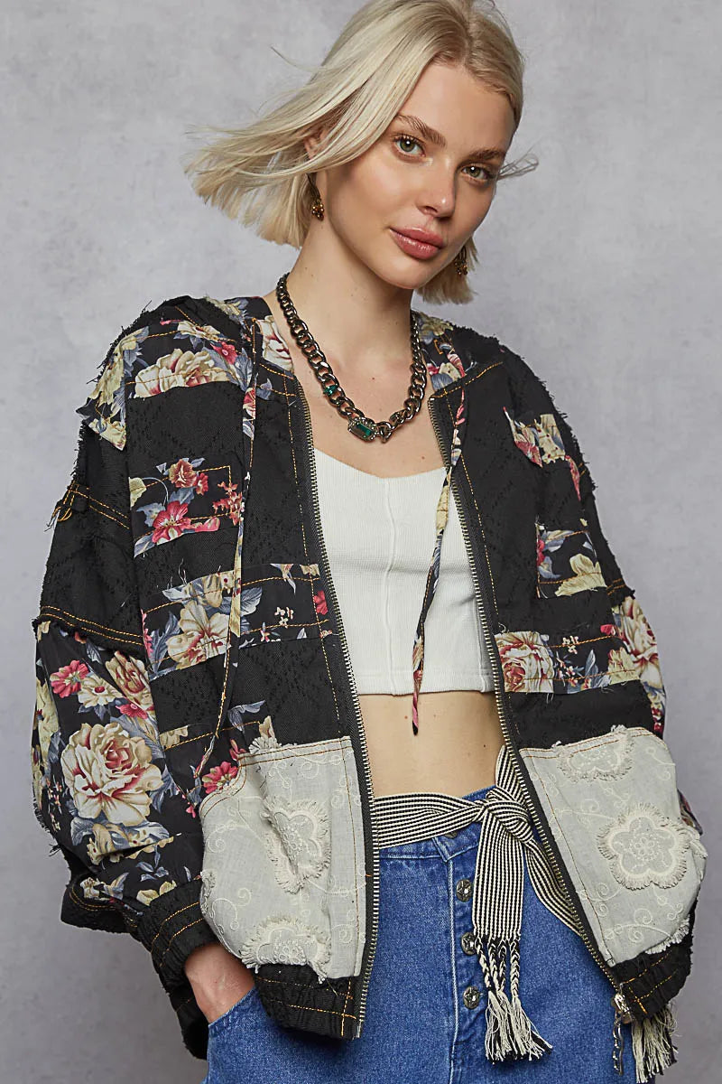 POL Women's Washed Jacket with Zip Up, Floral & Lace Patch Details