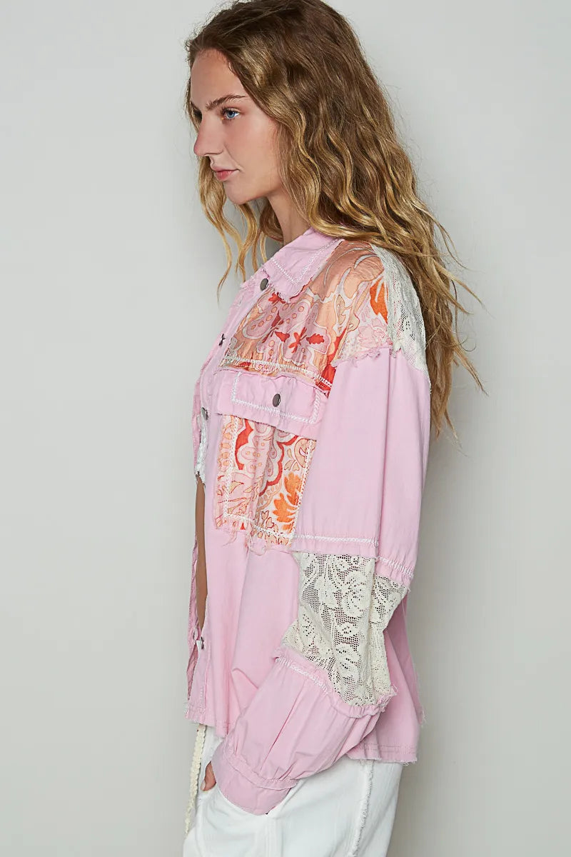 Printed Woven Raw Hem Jacket – POL Lace Detail Boho Layer
