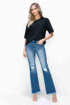 Raw Hem Distressed High Rise Bootcut Jeans – Edgy, Flattering & Comfy