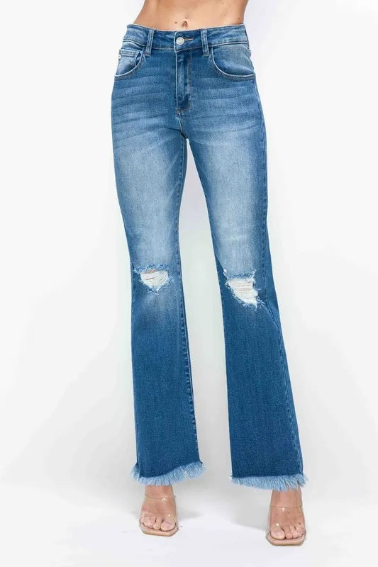 Raw Hem Distressed High Rise Bootcut Jeans – Edgy, Flattering & Comfy