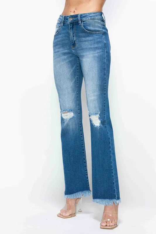 Raw Hem Distressed High Rise Bootcut Jeans – Edgy, Flattering & Comfy