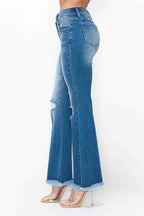 Raw Hem Distressed High Rise Bootcut Jeans – Edgy, Flattering & Comfy