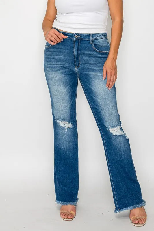Raw Hem Distressed High Rise Bootcut Jeans – Edgy, Flattering & Comfy
