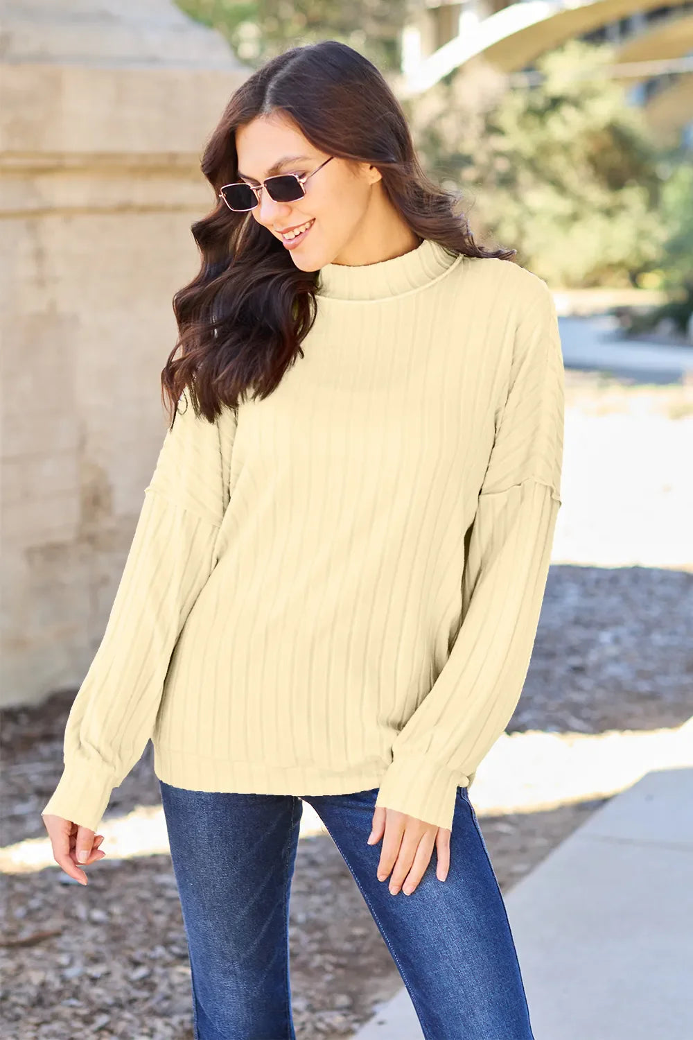 Ribbed Mock Neck Knit Top – Chic, Cozy & Modern Exposed Seams