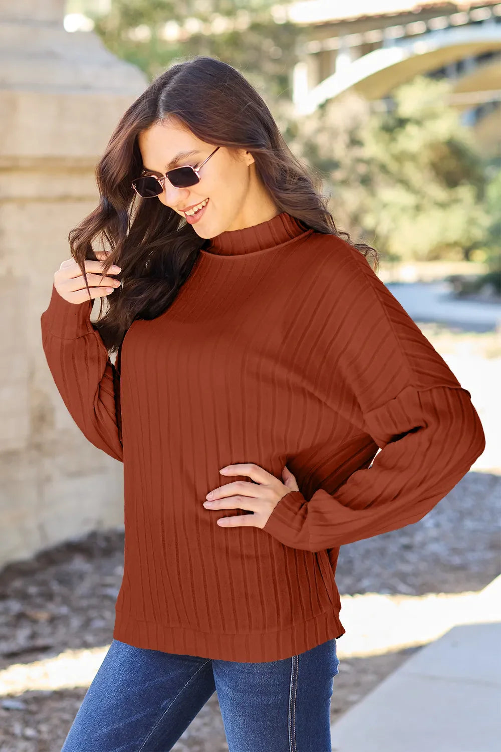 Ribbed Mock Neck Knit Top – Chic, Cozy & Modern Exposed Seams