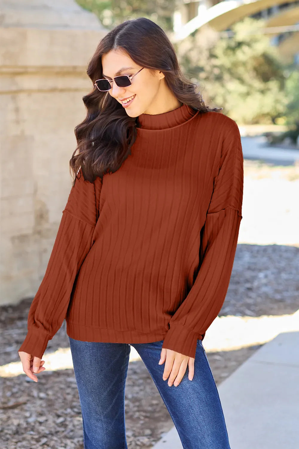 Ribbed Mock Neck Knit Top – Chic, Cozy & Modern Exposed Seams