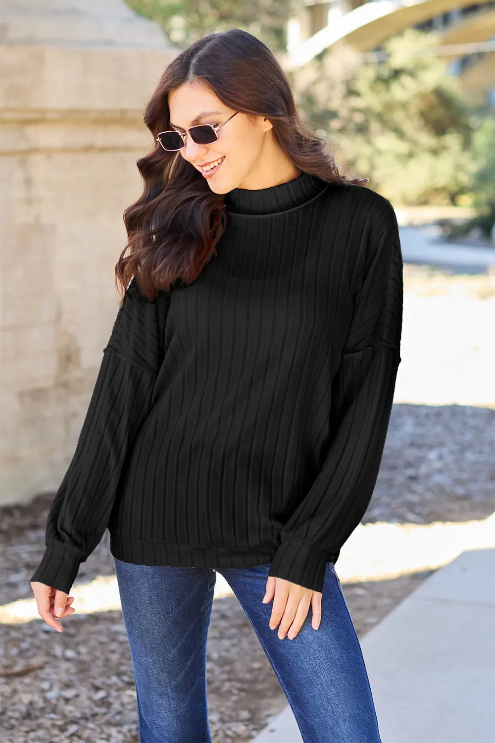 Ribbed Mock Neck Knit Top – Chic, Cozy & Modern Exposed Seams