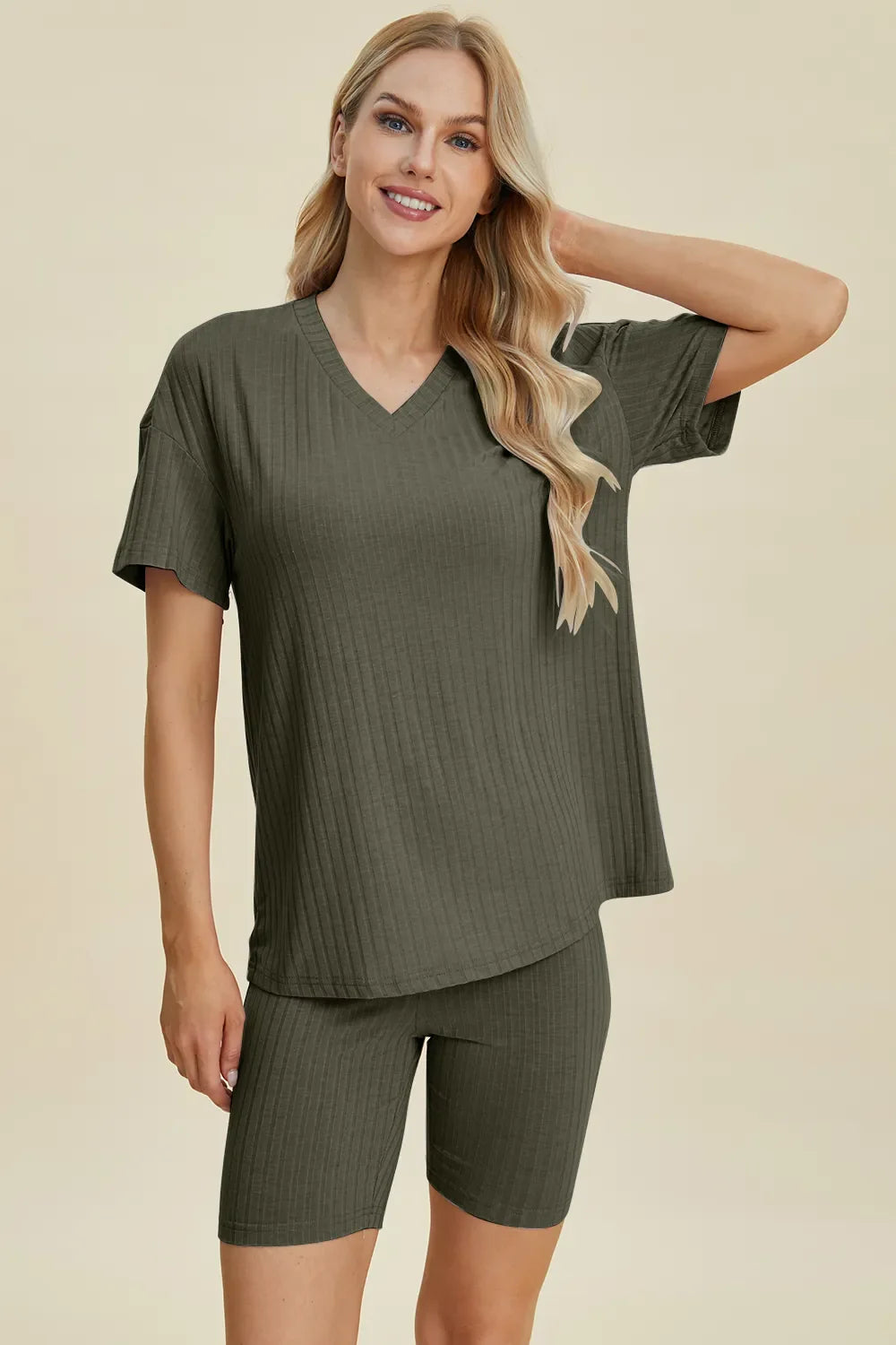 Ribbed V-Neck Top & Shorts Set – Comfy, Chic & Effortless Style