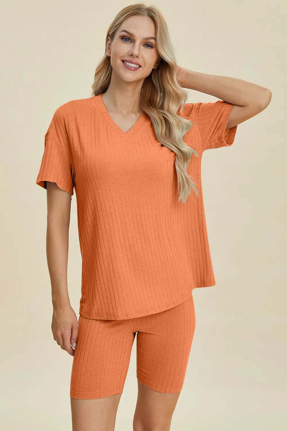 Ribbed V-Neck Top & Shorts Set – Comfy, Chic & Effortless Style