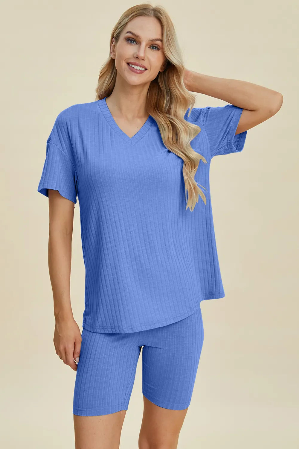 Ribbed V-Neck Top & Shorts Set – Comfy, Chic & Effortless Style