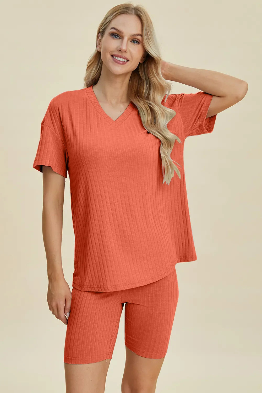Ribbed V-Neck Top & Shorts Set – Comfy, Chic & Effortless Style