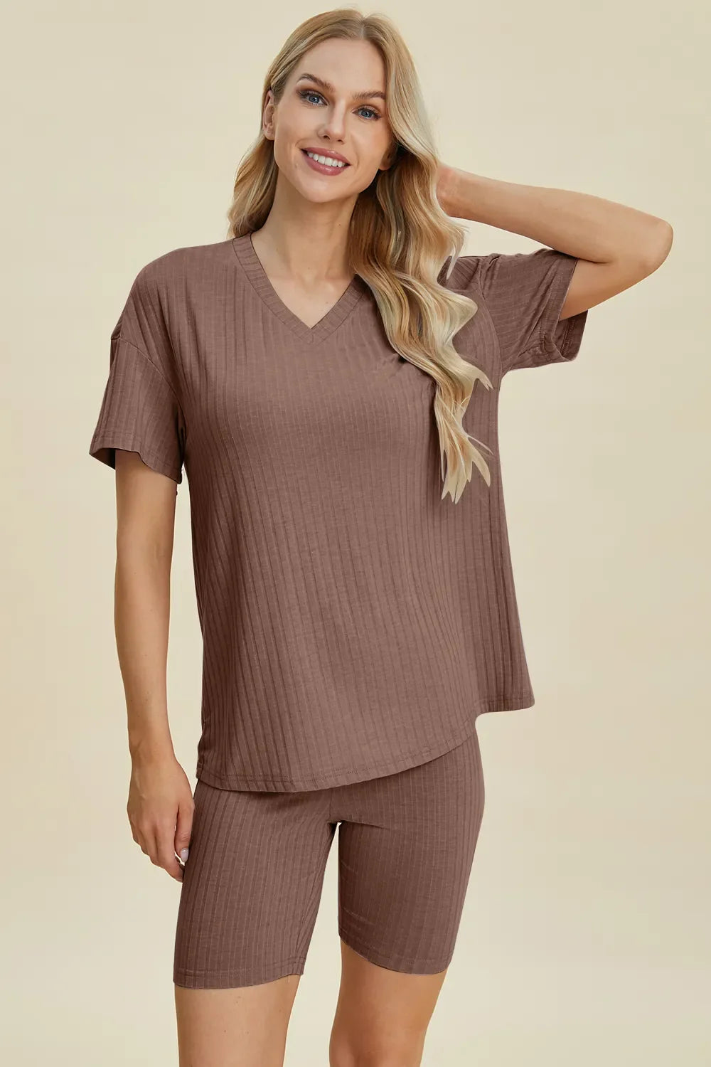 Ribbed V-Neck Top & Shorts Set – Comfy, Chic & Effortless Style