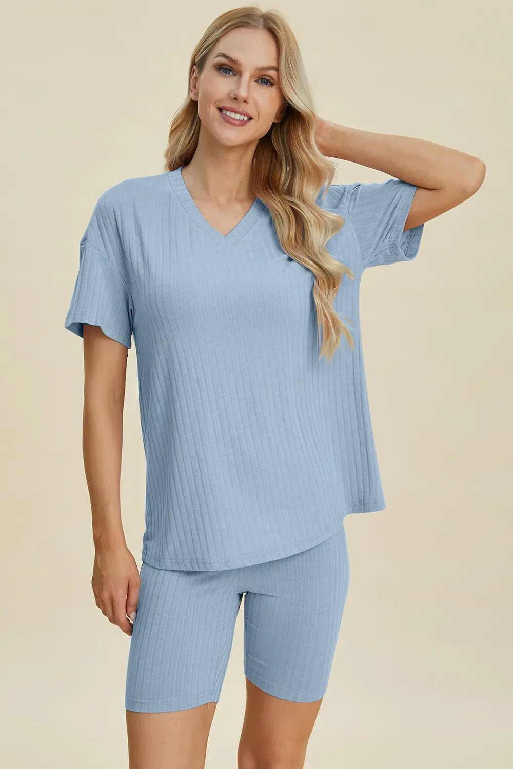 Ribbed V-Neck Top & Shorts Set – Comfy, Chic & Effortless Style
