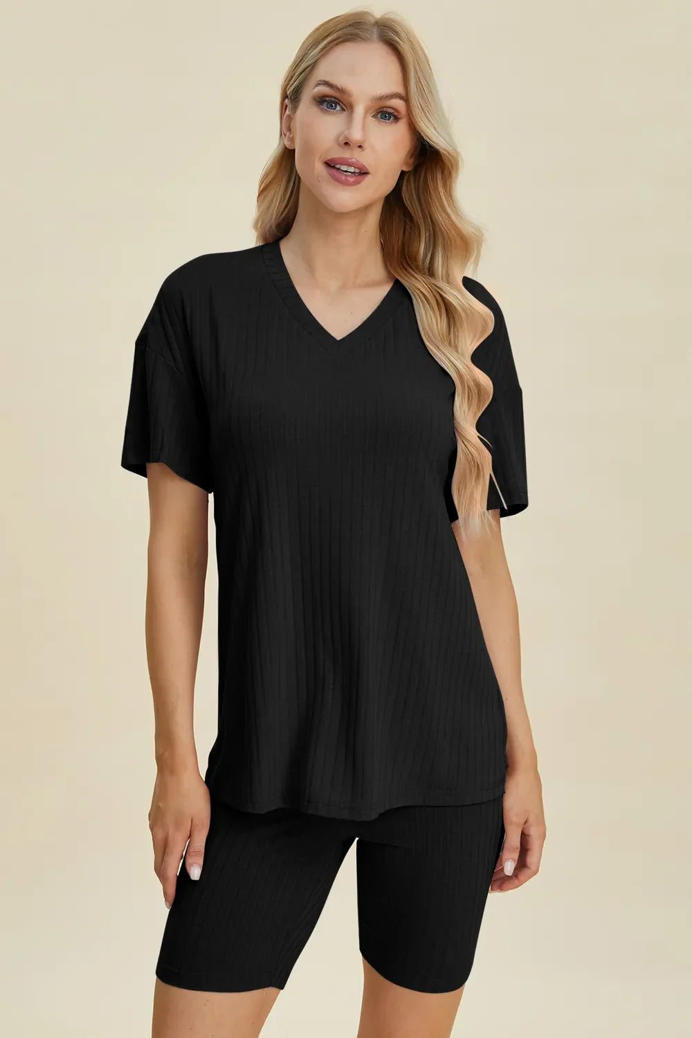 Ribbed V-Neck Top & Shorts Set – Comfy, Chic & Effortless Style
