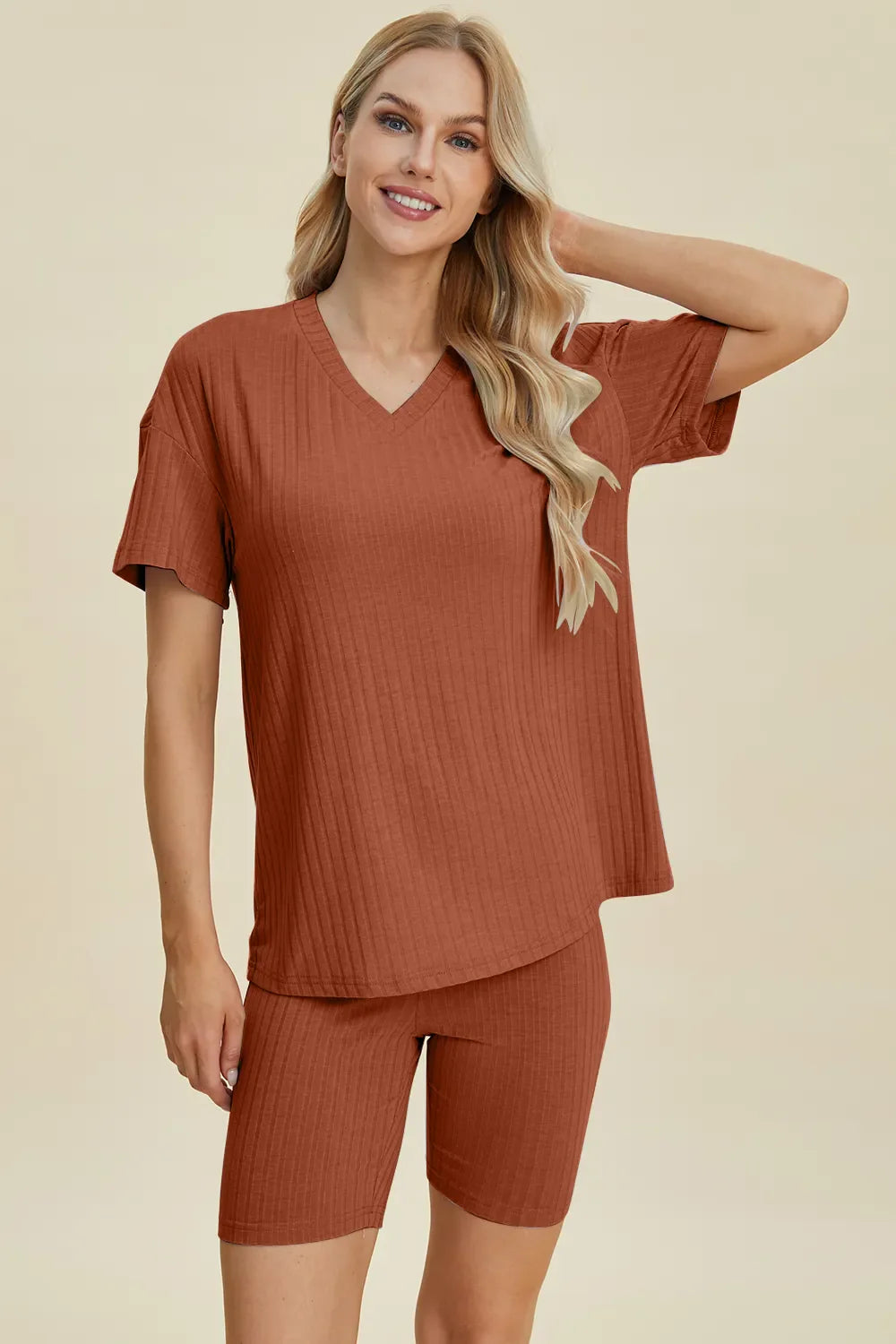 Ribbed V-Neck Top & Shorts Set – Comfy, Chic & Effortless Style