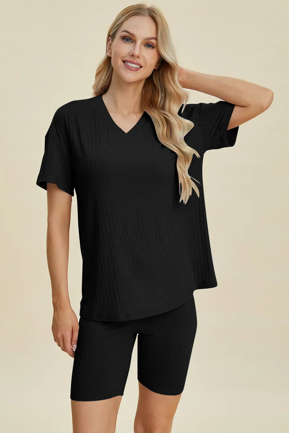 Ribbed V-Neck Top & Shorts Set – Comfy, Chic & Effortless Style