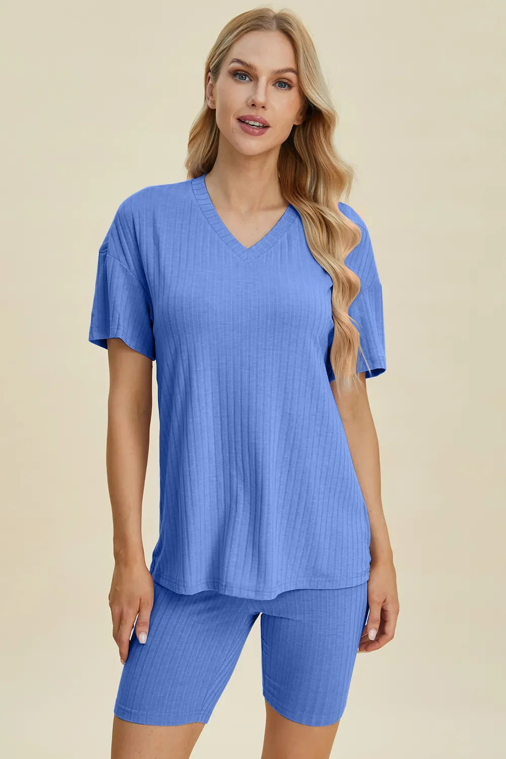 Ribbed V-Neck Top & Shorts Set – Comfy, Chic & Effortless Style