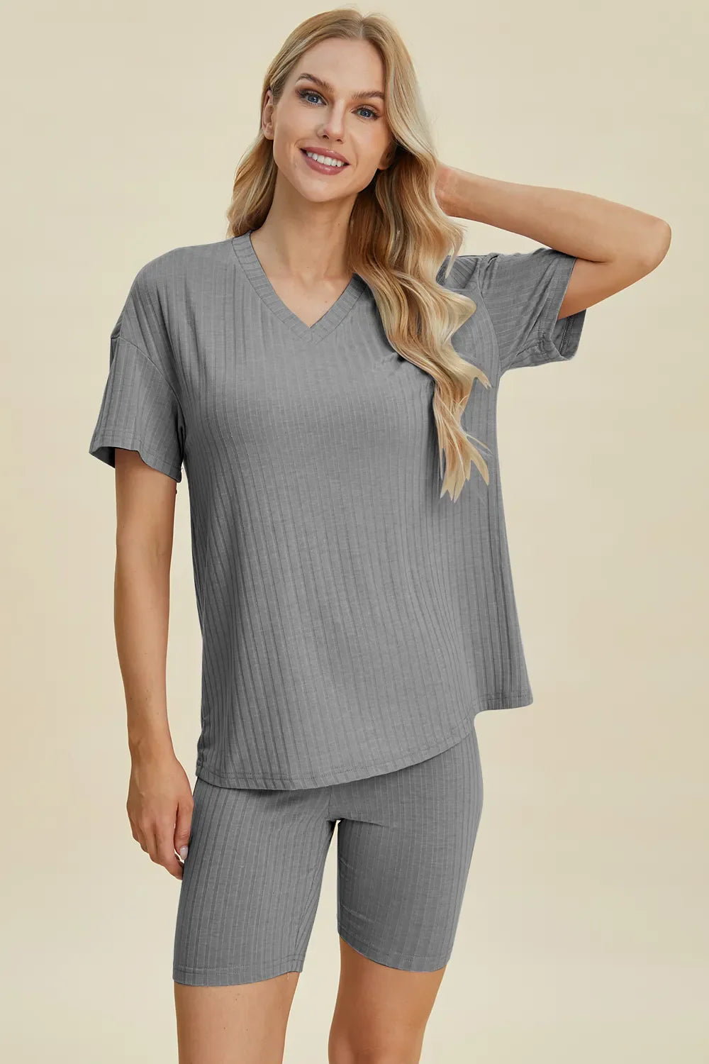 Ribbed V-Neck Top & Shorts Set – Comfy, Chic & Effortless Style