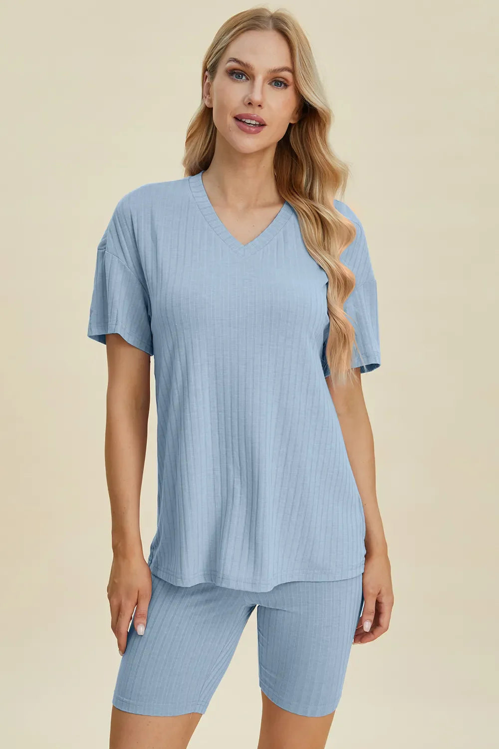 Ribbed V-Neck Top & Shorts Set – Comfy, Chic & Effortless Style