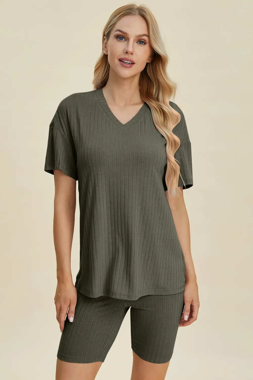 Ribbed V-Neck Top & Shorts Set – Comfy, Chic & Effortless Style
