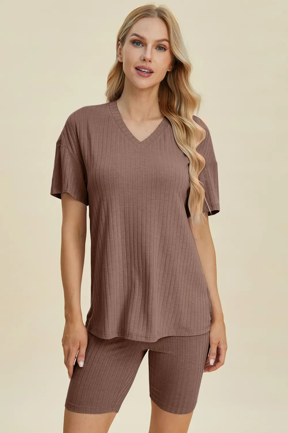 Ribbed V-Neck Top & Shorts Set – Comfy, Chic & Effortless Style