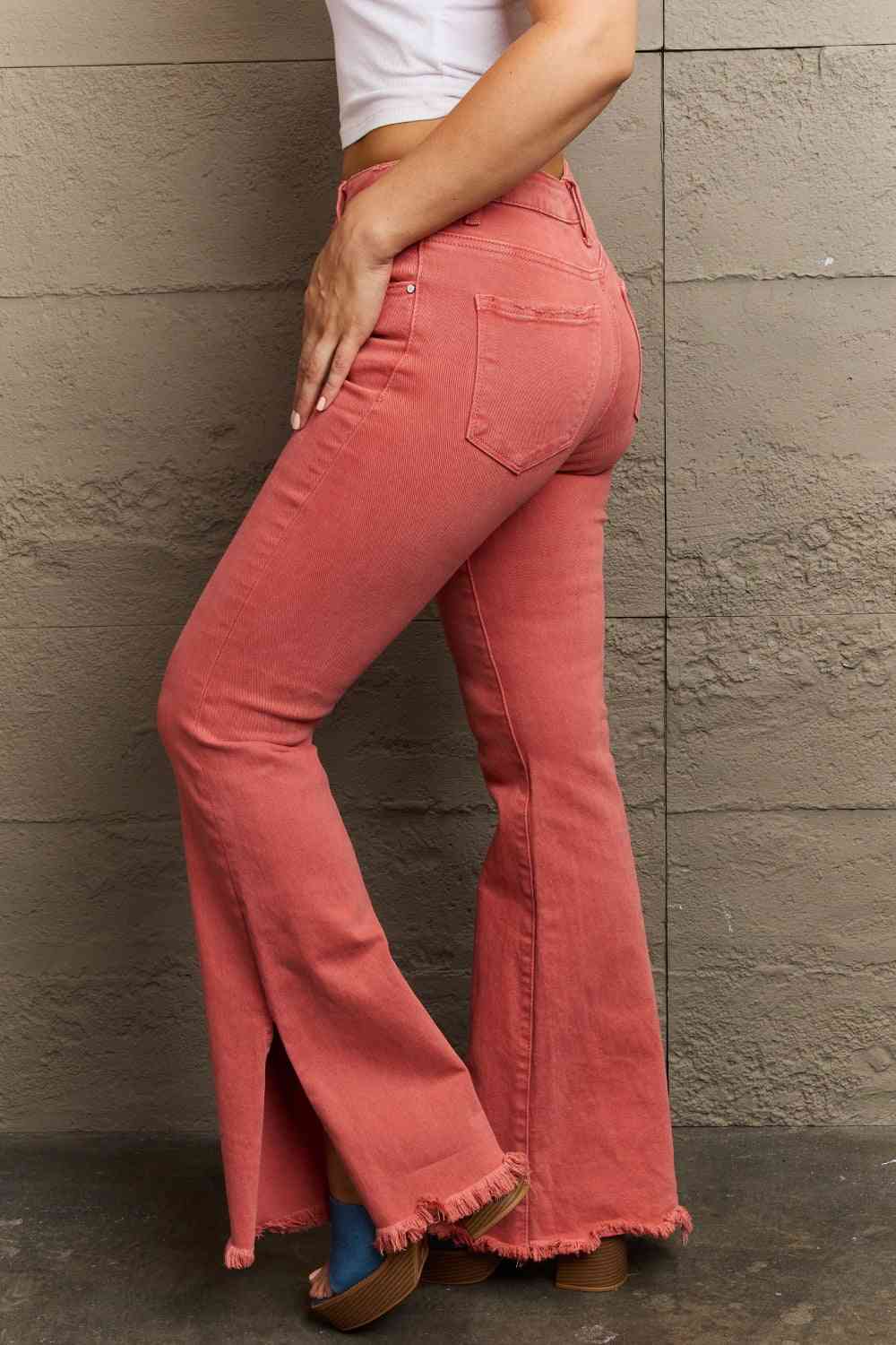 Risen Bailey High Waist Flare Jeans with Side Slit – Trendy & Flattering