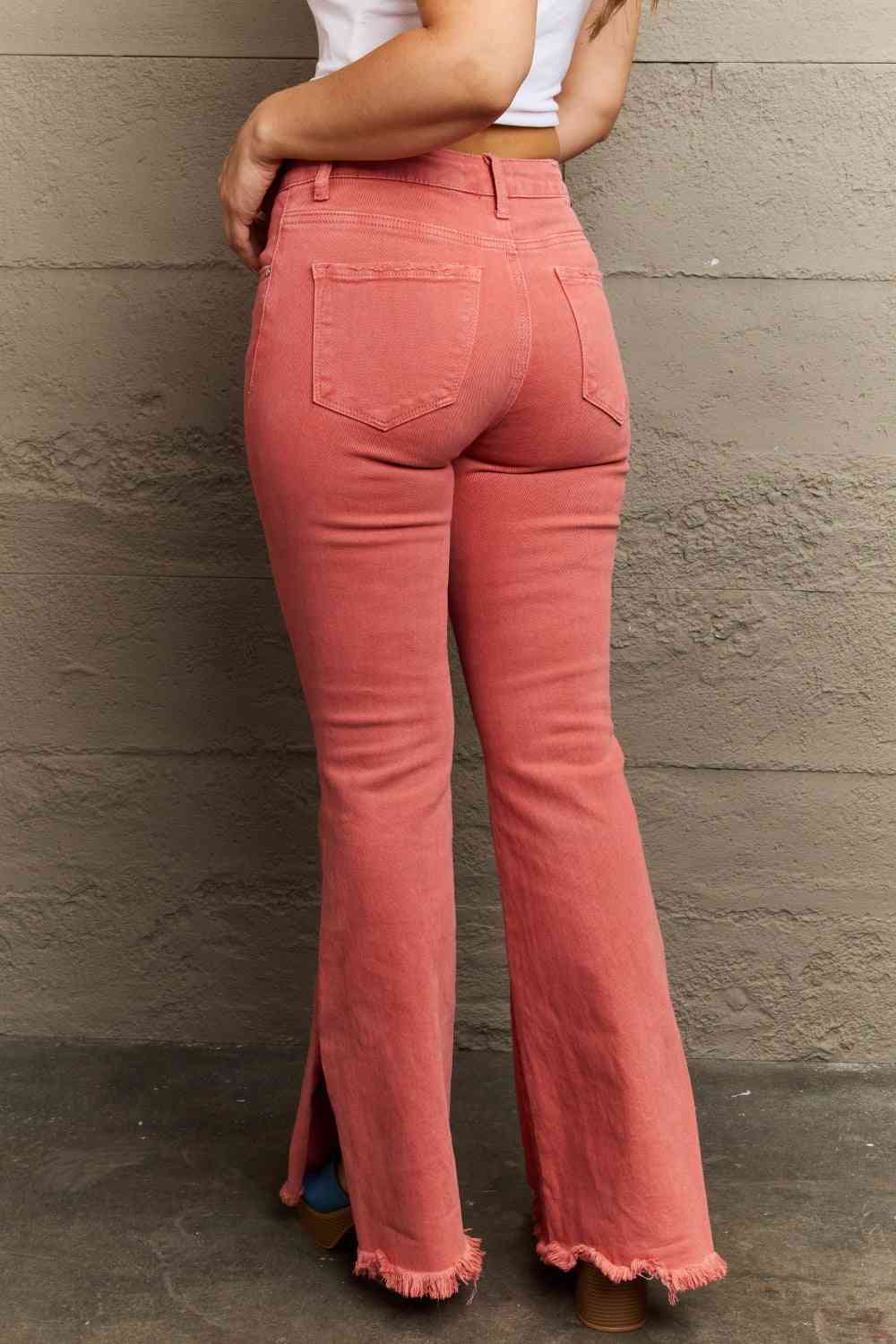 Risen Bailey High Waist Flare Jeans with Side Slit – Trendy & Flattering