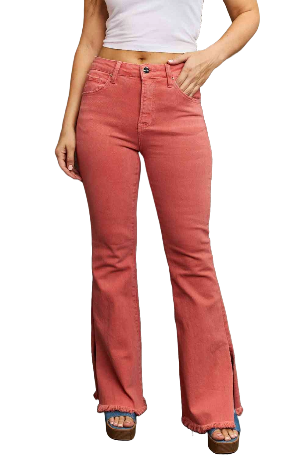 Risen Bailey High Waist Flare Jeans with Side Slit – Trendy & Flattering