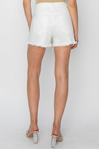 Risen Button Fly Frayed Hem Denim Shorts