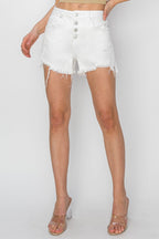 Risen Button Fly Frayed Hem Denim Shorts