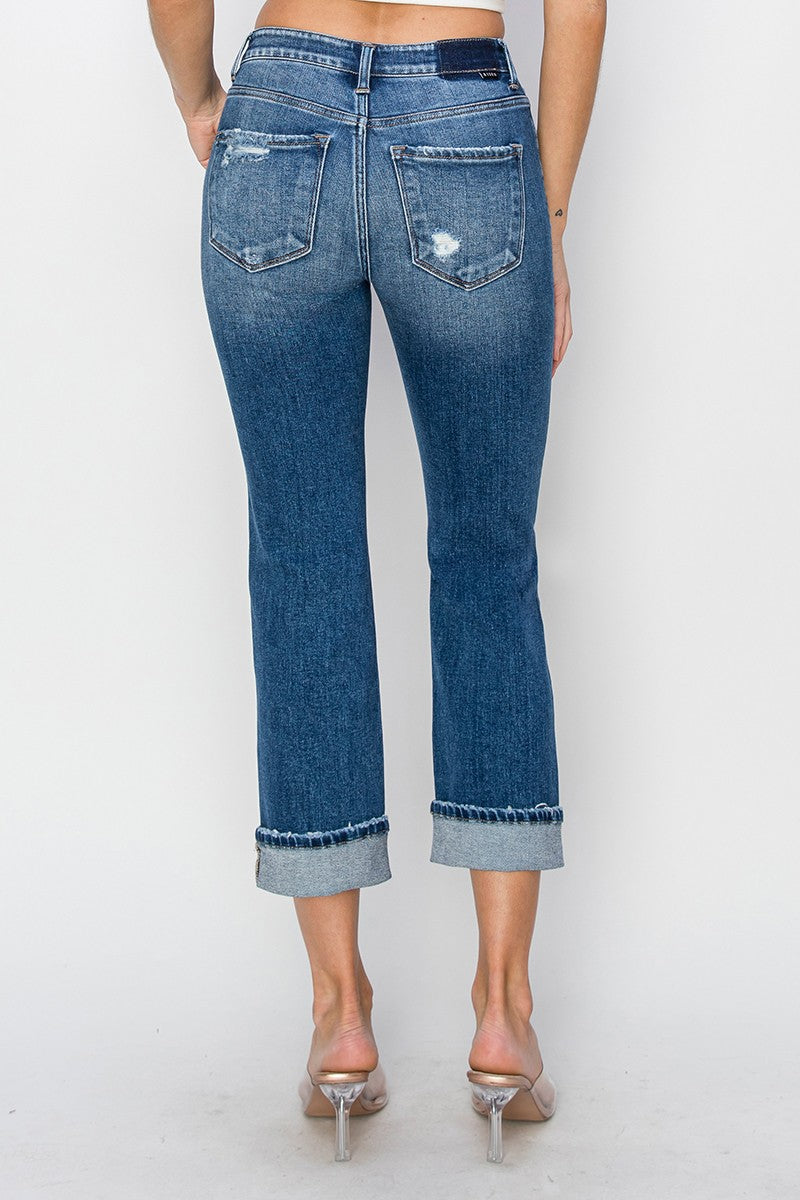 Risen Cuffed Ankle Distressed Straight Jeans